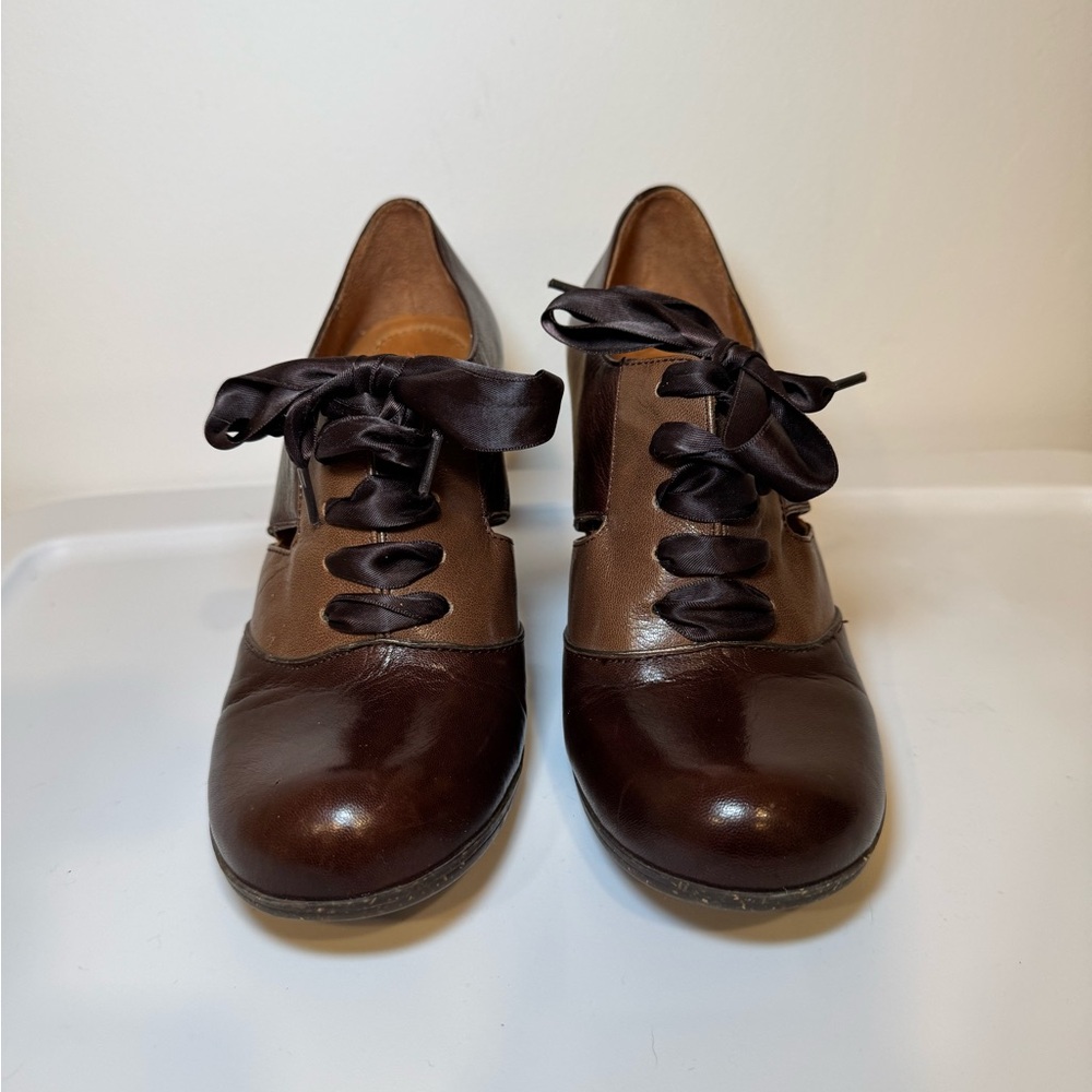 Vintage Naya Jasper Brown Leather Women's Shoes Heels with Ribbon Lace Fairycore - Picture 3 of 7